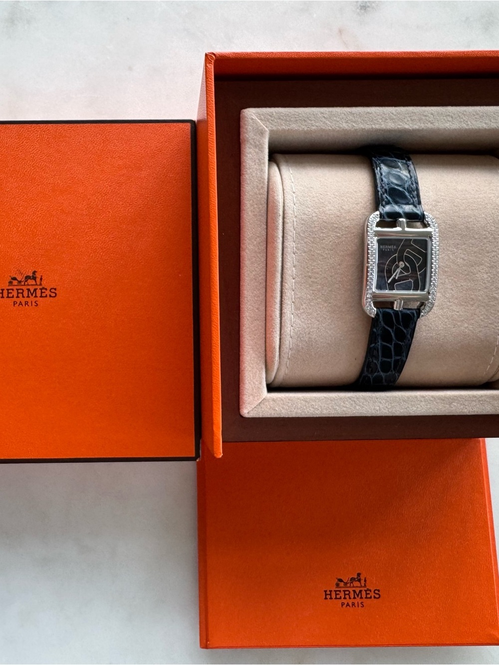 Hermes Diamond-Set Cape Cod Watch in Blue Alligator Strap
